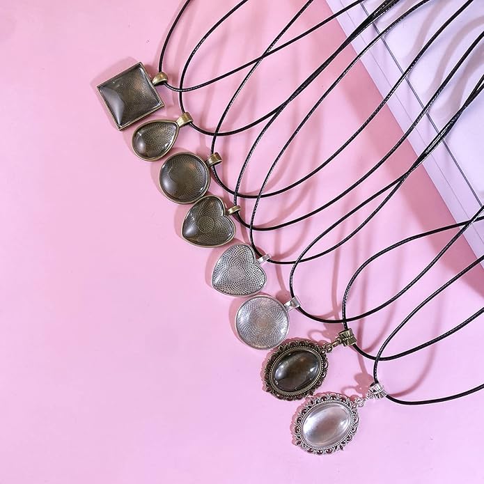 Bezel Pendant Trays Gold and Sliver, Rhinestone Bezel Pendants Trays for DIY Jewelry Craft Making, Picture Necklace Pendant Trays with Clear Glass Cabochons and Chains