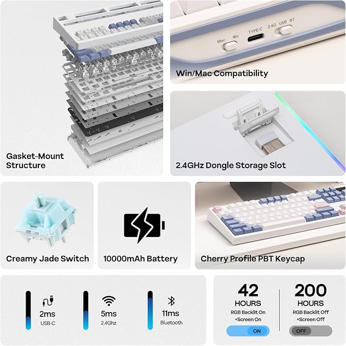 EPOMAKER TH108 PRO Full Size Mechanical Keyboard with Screen & Knob, Wireless Gaming Keyboard with 10000mAh, Creamy Gasket, Hot Swap, Custom Driver, RGB Backlight (White, Creamy Jade)