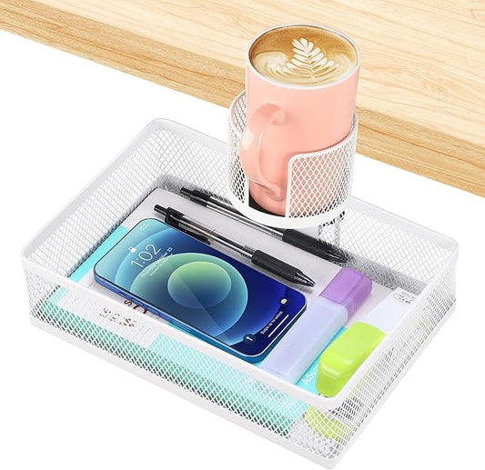 ROSYLINE 360°rotation under desk drawer, Drawer Under Desk Storage Organizer, Rotary Desk Storage Organizer with Cup Holder, Under Desk Storage, Clamp Drawer Basket, sturdy and durable (White)