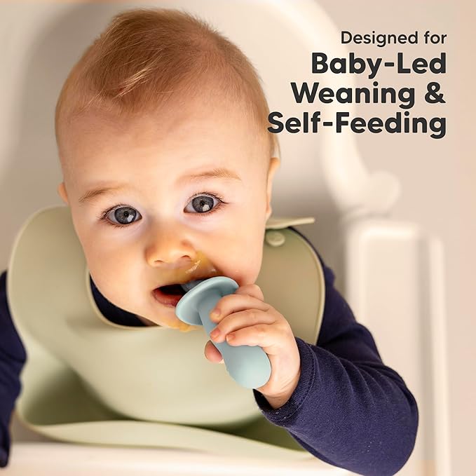 KeaBabies 4-Pack Silicone Baby Spoons and Forks Set - Baby Spoon Self Feeding, BLW Baby Utensils 6-12 Months, Baby Led Weaning Feeding Spoon, Teething Infant Baby Food Training Pre Spoon (Pastel Sky)