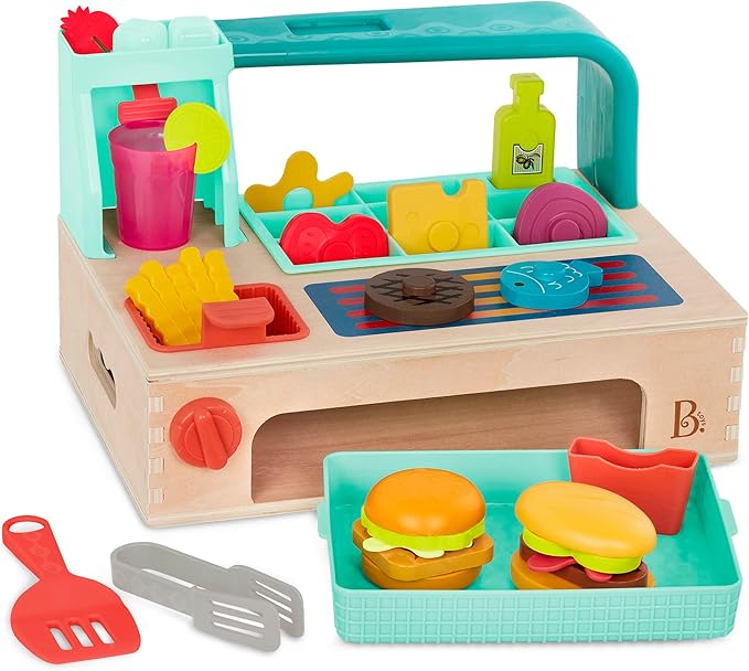 B. toys- Mini Chef - Build-a-Burger Playset- Pretend Play Wooden Burger Play Set – Play Food & Role-Play Accessories – Cooking Toys for Kids- 3 Years +