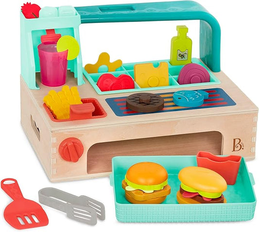 B. toys- Mini Chef - Build-a-Burger Playset- Pretend Play Wooden Burger Play Set – Play Food & Role-Play Accessories – Cooking Toys for Kids- 3 Years +