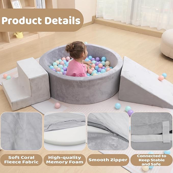 Foam Ball Pit with Play Block for Toddlers Ball Pool Climbing Block Soft Play Equipment for Babies Kids Children Indoor Outdoor Active Play Structure (Ball Pit, Stair, Slope)