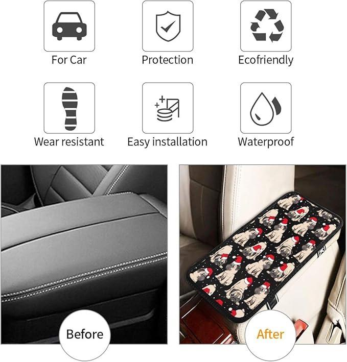 DORKEIXIA Christmas Pug Cute Dog Black and White Auto Center Console Armrest Pad Universal Car Center Console Cover Seat Box Cover for Sedan, Van, SUV, Truck Car Accessorie