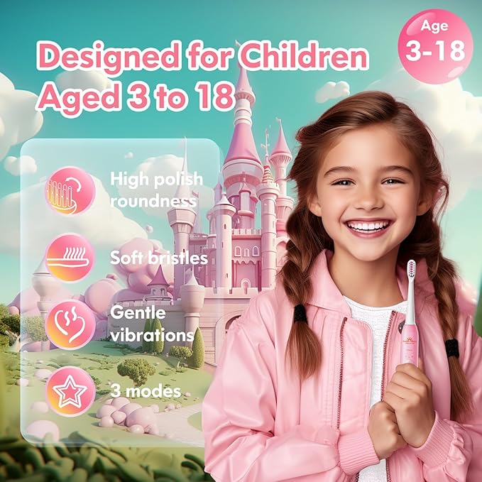 Kids Electric Toothbrush Rechargeable Age 3-5-6-12-18 Year Old, Girls Electric Toothbrush with Timer 3 Modes 4 Vibrating Heads Habit-Forming Stickers 31000VPM Girls Toothbrush (Unicorn Pink)