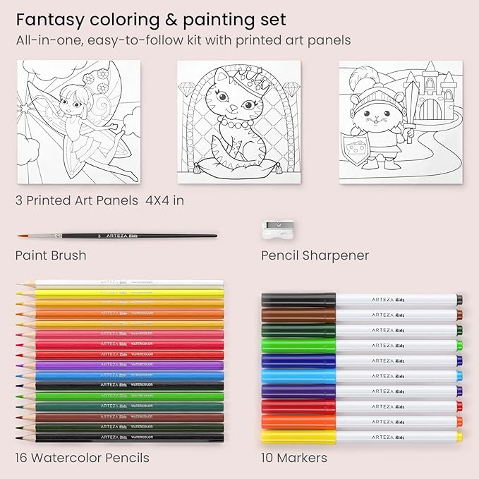 Arteza Kids Fantasy Coloring Kit, 3 Canvases 4 x 4 Inches, 10 Markers, 16 Watercolor Pencils, 1 Paint Brush, 1 Sharpener, Art Set for Kids Activities