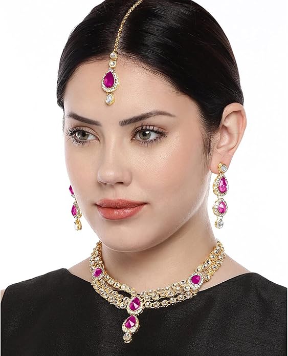 Aheli Indian Traditional Bollywood Kundan Maang Tikka Earrings Necklace Set Ethnic Jewelry Gift for Women Green Blue