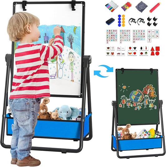 Kids Easel Double-Sided Art Easel with Paper Clip Height Adjustable Whiteboard & Chalkboard 360°Rotating Standing Art Easel for Kids Gift for Boys and Girls Toys for Ages 2-4