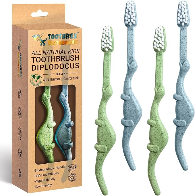 ROARex® All-Natural Eco Friendly Kids Toothbrush Made from Plants - Dinosaurs 4-36m - Baby to Toddler - Blue/Green - 4pk | 1% for The Planet Product