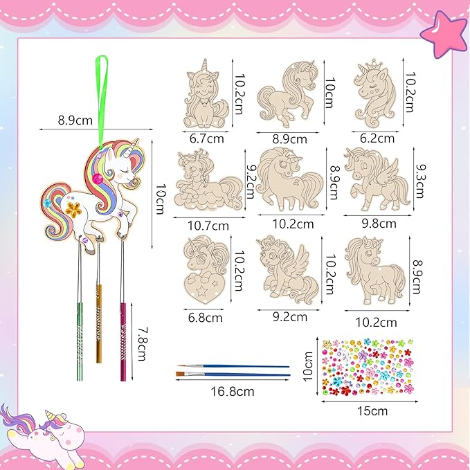 Fennoral 9 Pack Unicorns Wind Chime Kit for Kids Make Your Own Unicorns Wind Chime Wooden Arts and Crafts DIY Paint Art Activity for Christmas Party Decoration Bithday Gifts