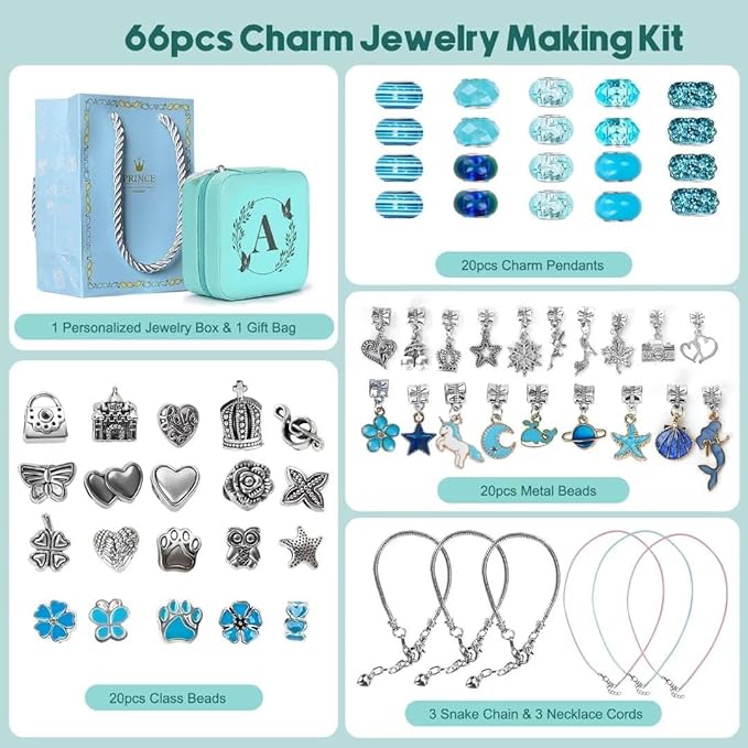 Charm Bracelet Making Kit, Kid Jewelry Making Kit for Girls 8-12, Unicorn Craft Kits for Teen Girls Toys Ages 3-10 Years Old Girl Gifts Trendy Stuff Birthday Christmas Gift with Initial Jewelry Box- A