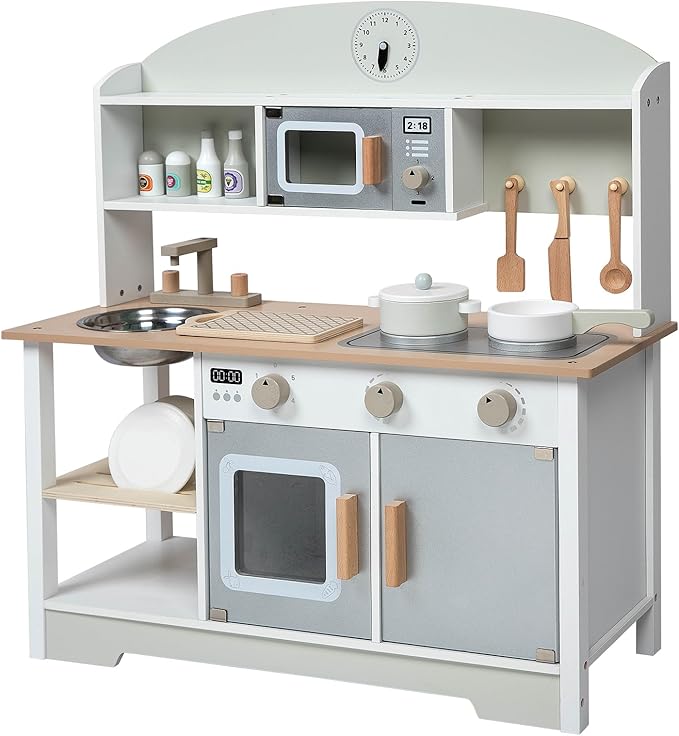 Kids White Wooden Play Kitchen Sink Microwave Oven Stoves Cabinet Shelf Interactive Turning Knob Clock Little Chef Storage Kitchenware Plates Pans Cutting Board Spice Bottles Knife Spatula
