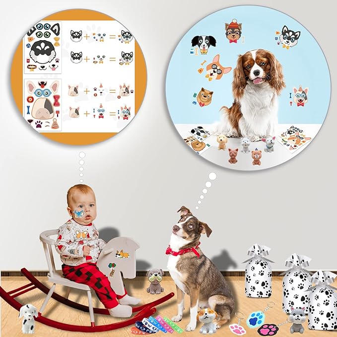 122Pcs Dog Party Favors Gift Set for Kids Dog Birthday Party Supplies Include 12 Dog DIY Face Stickers 12 Dog Bags 12 Keychains 12 Bracelets 50 Stickers for Puppy Party Favors