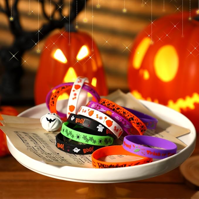 JUNEBRUSHS 42pcs Halloween Party Favors Silicone Bracelets Rubber Wristbands for Halloween Party Decorations Accessories Trick or Treat Goodie Bag Stuffers Fillers Supplies(7 Designs)