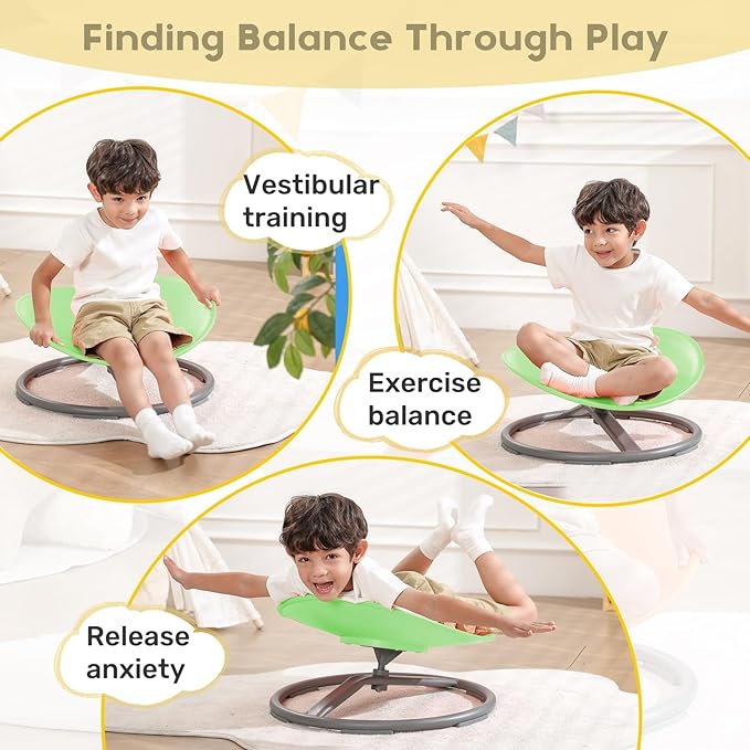 BABAMU Autism Kids Swivel Chair,Sit and Spin Chair for Kids,ADHD Sensory Integration Therapy,Training Body Coordination,Wobble Disk for Toddlers,Improve Focus,Metal Base Non Slip Safer（Green）