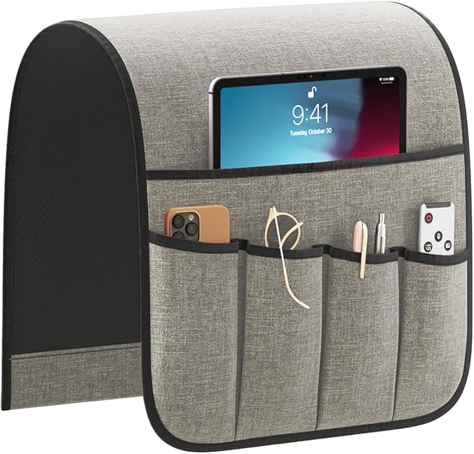 Sofa Armrest Organizer,Non-Slip Remote Control Holders for Recliner Couch,Chair Armchair Caddy with 5 Pockets for Table,Cell Phone,Ipad,Magazines,Books (13x35In, Lightgrey)