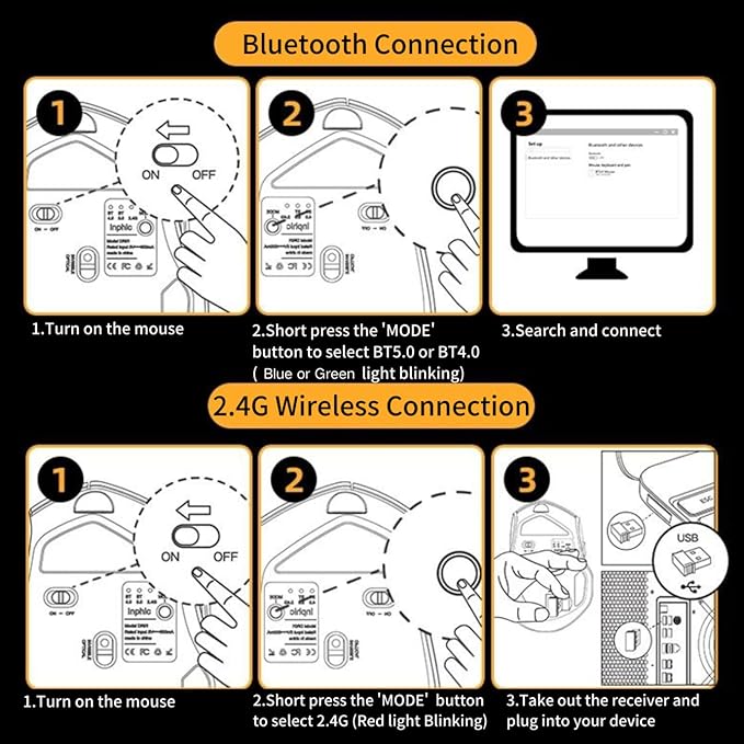 Uineer Wireless Bluetooth Mouse,[Upgraded] Rechargeable (BT 5.0/4.0+2.4G Hz),Computer Mouse with Visible Battery Level, 4 Adjustable DPI, Portable PC Mouse for MacBook Chromebook,Black