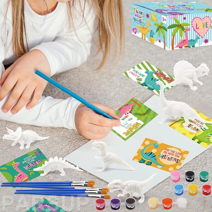 24PCS Valentines Day Cards for Kids with Dinosaur Painting Kit for Kids, Valentines Greeting Cards for School Classroom Exchange Gifts, Happy Valentines Day Arts and Crafts Party Favor Supplies