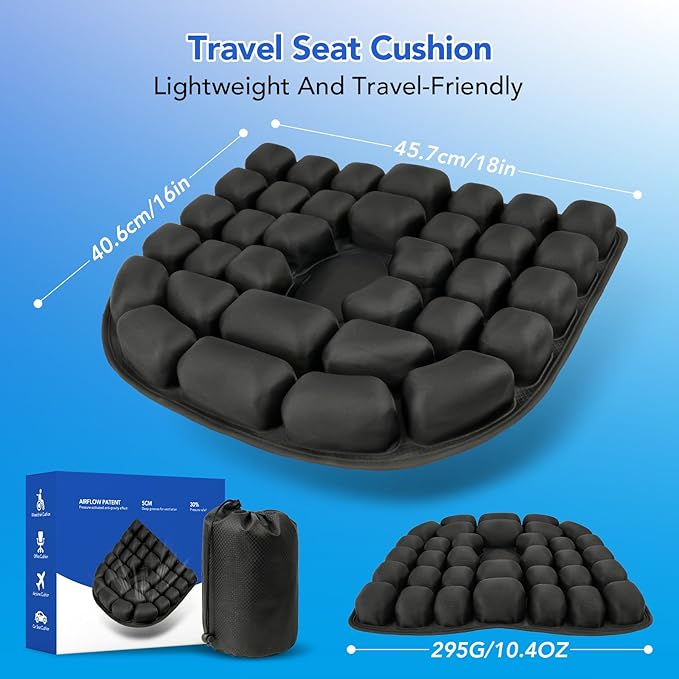 34 Air Cell Self-Inflating Seat Cushion, 3D Air Bubble Design for Tailbone Pain & Hemorrhoid Relief, Pressure Relief Cushion for Office Chair, Car, Wheelchair, Airplane Travel, Home (No Pump Needed)