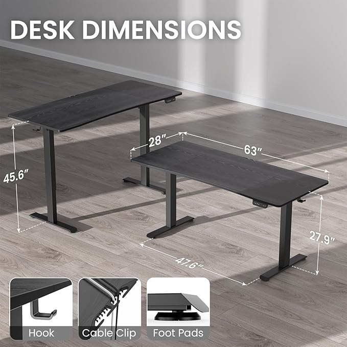 Veken 63 x 28 Inch Electric Standing Desk with Adjustable Height, Sit to Stand Computer Table for Study, Work or Gaming, Home Office Desk Black