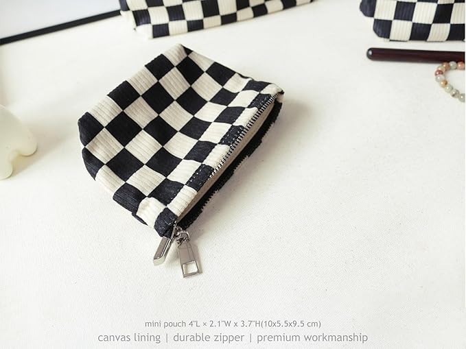 HAPPYHEIDI Checker Corduroy Makeup Bag Women Cosmetic Toiletry Travel Pouch Office Desk Organizer, Vintage Black White Block