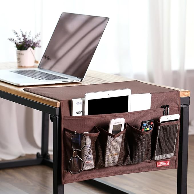 Bedside Storage Organizer - 6 Pocket Table Caddy for Remotes, Phone, Glasses (Coffee)