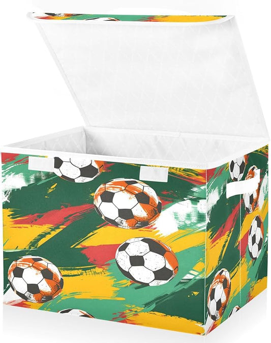 senya Large Storage Bins with Linen Collapsible Foldable Storage Cubes Fabric Closet Organizer Containers box with Flip-Top Lid for Home Bedroom Office 16.7 x 12.6 x 11.8in (Football)