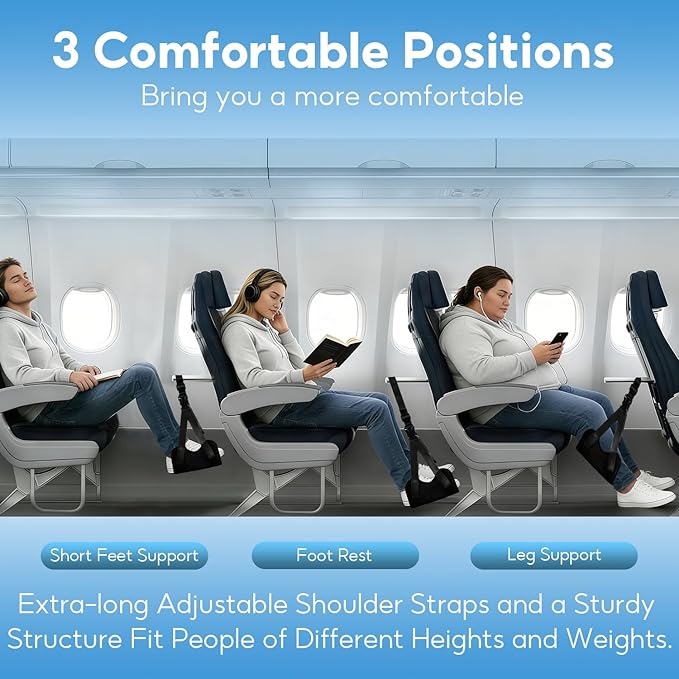 2-Pack Airplane Foot Hammock, Adjustable Plane Foot Rest for Long Flight, Plane Travel Essentials to Relax Your Feet, Foot Rest for Air Travel, Desk & Car