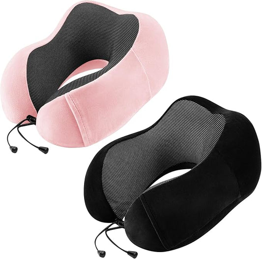 urnexttour Neck Pillow Airplane-2 Pack Memory Foam Travel Pillow, Soft Support Travel Neck Pillow for Travelling, Sleeping Rest, Car, Train and Home Use (Black&Pink)