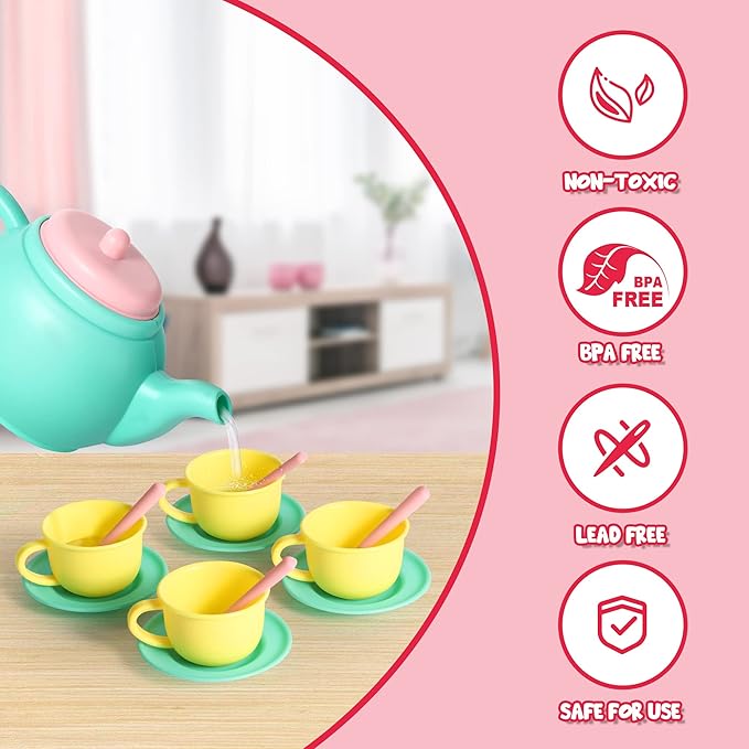 JOYIN 18PCS Pretend Play Tea Party Set Play Food Accessories BPA Free, Phthalates Free, Plastic Tea Set, Mini Kitchen for Kids, Gifts for Toddler Boys Girls Ages 3 4 5 6 Years Old