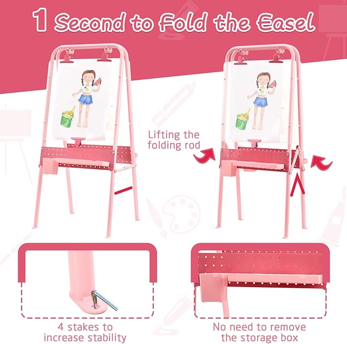 FUNLIO Foldable Outdoor Easel for Kids Aged 3+, Waterproof & Sunproof Kids Easel with 2 Acrylic Boards, Double-Sided Kids Easel with 21 pcs Accessories, Portable & Stable - Pink