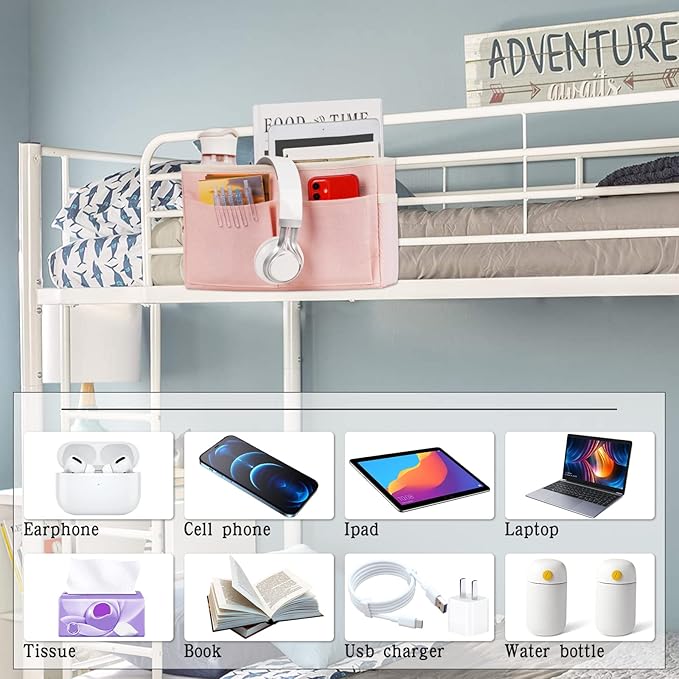 Bedside Caddy Bedside Storage Organizer Hanging Bunk Bed Dorm Room with Side Pockets for Water Bottles, Books, Cell Phones, Headphones (Pink)
