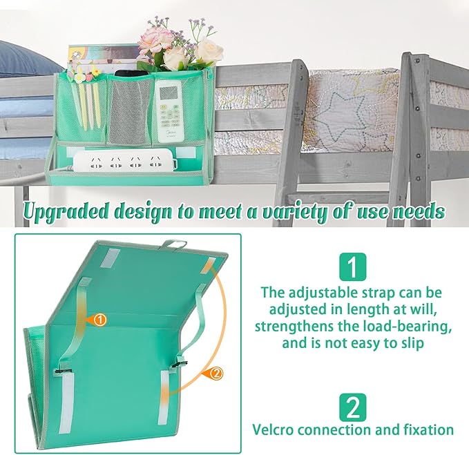 Bedside Caddy Bedside Storage Organizer Bedside Organizer with Power Strip Holder and 2 Adjustable Straps for Home Bunk Bed College Dorm Sofa (Green)