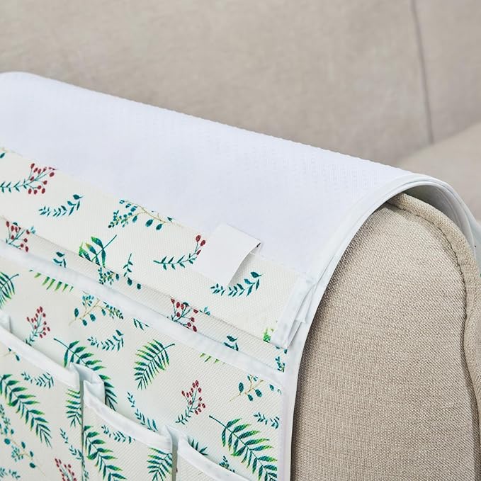 FLYILY Sofa Armrest Organizer Non-Slip Arm Chair Hanging Caddy Remote Control Holder for Magazine,Tablet, Phone, Books, Glasses(GreenLeaf,13in)