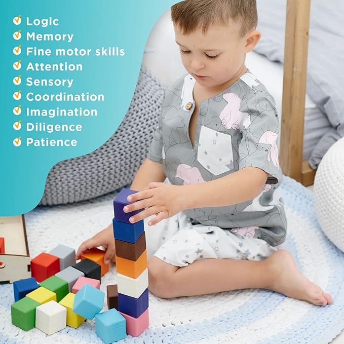 Ulanik Large Colored Cubes Toddler Montessori Toys for 3 Year Old + Kids Wooden Building Blocks Game for Learning Color Sorting and Counting — 25 pcs, 1.6 in
