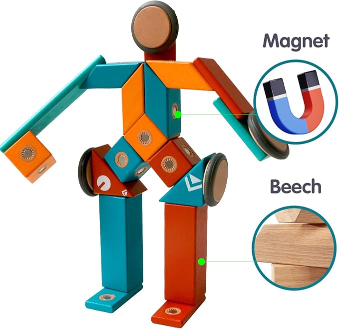 MAGBLOCK Magnetic Wooden Blocks Set, 22 Pieces STEM Travel Creativity Magnet Block Toys for 3 4 5 Year Old Age Girls Boys