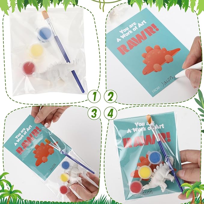 30 Sets Dinosaur Painting Kit with Valentine's Day Cards Dinosaur Figurines Arts and Crafts Exchange Gift Birthday Valentine's Day Party Favor Supplies