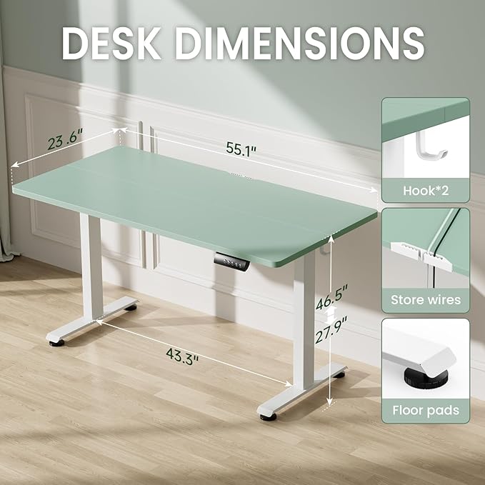 Veken 55 Inch Large Electric Standing Desk, 4 Memory Heights Adjustable,Sit to Stand Up, Work Home Office Computer Table for Study, Walking Pad, Writing, and Games, Wooden Desktop Desks, Green
