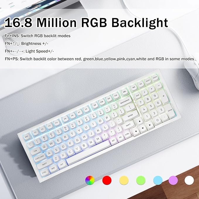 Redragon K723 Wireless Mechanical Gaming Keyboard Creamy, Bluetooth/2.4G/USB-C Wired, RGB Backlit, Hot Swappable Pre-lubed Linear Switches, 96% Custom Gasket Structure for PC/Mac/PS/Xbox,White