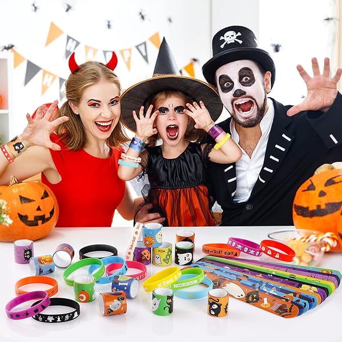 Halloween Party Favors for Kids - 50 Pack Slap Bracelets Halloween Decorations for Party Supplies, 36PCS Friendship Bracelet+14 Rubber Wristbands, Perfect Halloween Snap Bracelets for Halloween Treats