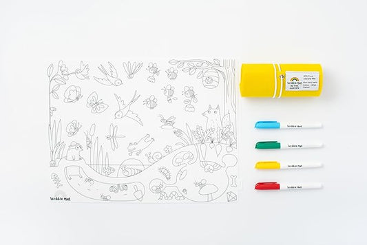 Reuseable Silicone Coloring Mat for Toddlers and Kids - Educational Animal Activity Pad with 6 Markers - Mess Free Travel Toy - Going on Safari (in The Garden)