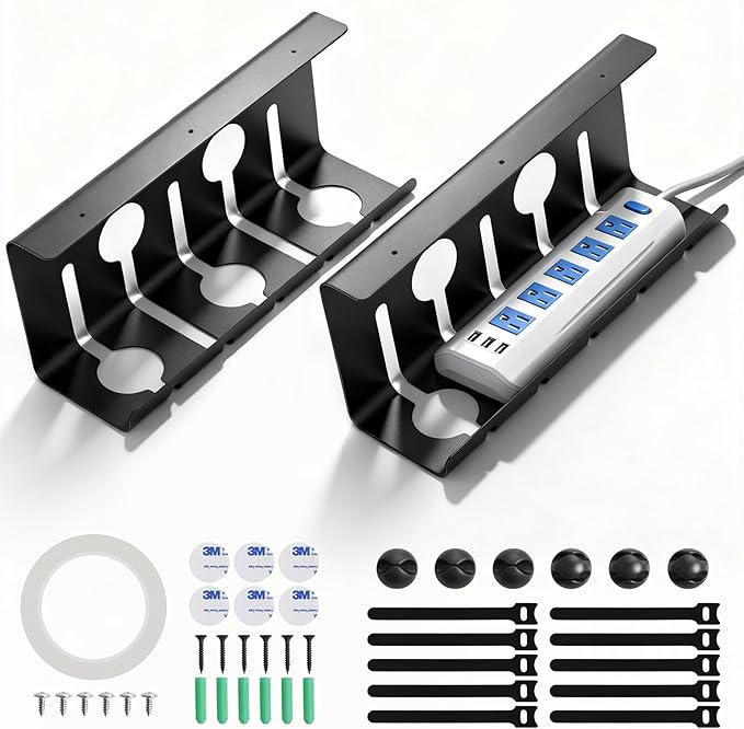 2 Pack Under Desk Cable Management Tray, 16.5" L x 4.7" W x 6.8" H, Wire Organizer for Power Strip, Tape Mount or Screw Mount, Easy Install Cord Raceway for Desk & Home