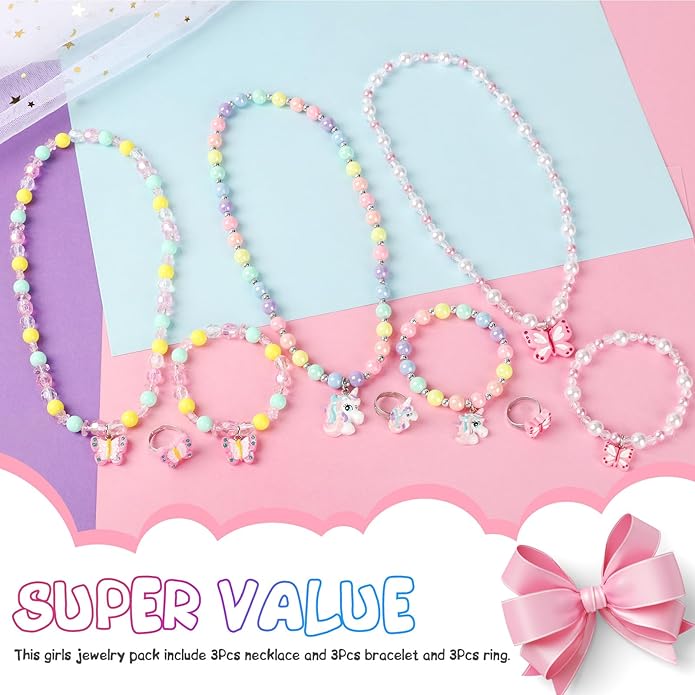3 Sets Girl Princess Necklace Bracelet Ring Kids Stretchy Jewelry Gift Unicorn Butterfly Necklace Bracelets Rings Party Favors Dress up Jewelry for Little Girl Toddler(with Gift Box)