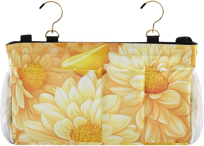 Bright Yellow Chrysanthemum Flowers and Lemon Bedside Caddy for Dorm Bed Bedside Hanging Caddy Bag Iron Frame Storage Organizer Pocket for Bunk Home College Hospital Beds 2 Hooks
