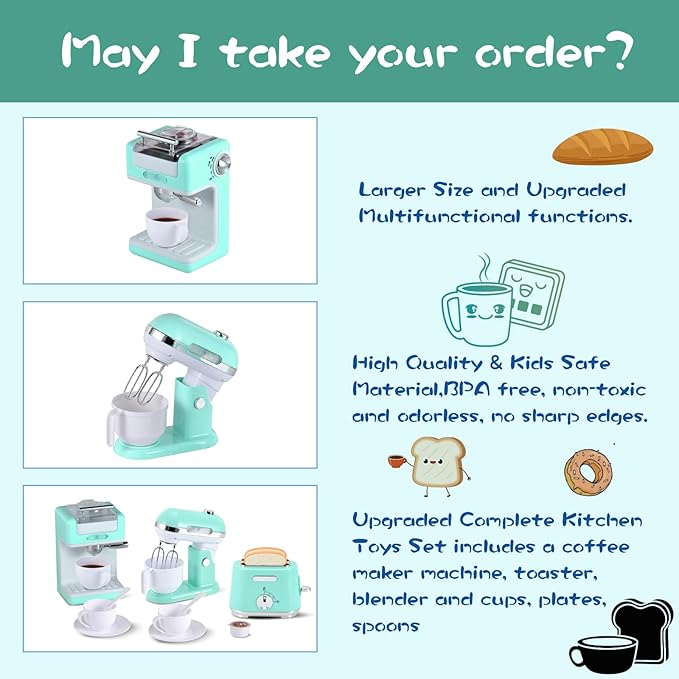 Ehome Kitchen Appliances Toys, Play Kitchen Accessories Set, Pretend Kitchen Toys with Coffee Maker, Mixer, Toaster with Realistic Lights & Sounds, Kids Kitchen Playset for Girls Boys Ages 3-8
