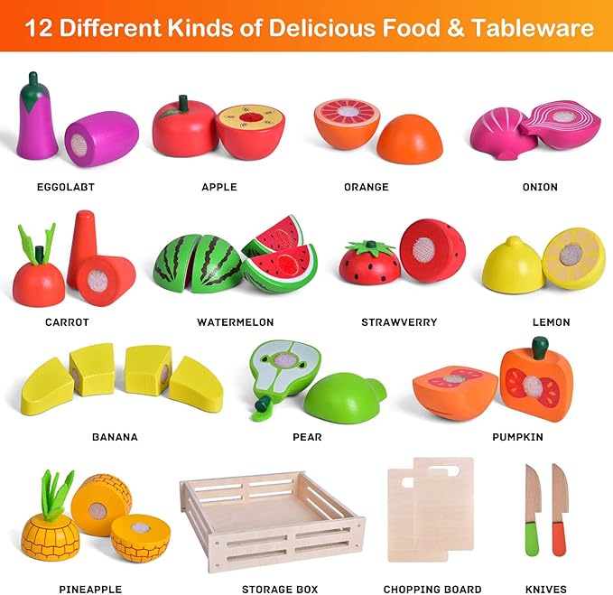 FUN LITTLE TOYS 35PCS Wooden Play Food for Kids Kitchen, Pretend Cutting Food Toys with Wooden Tray, Dishes and Knife for Kids, Pretend Play Food for Christmas Birthday Gifts