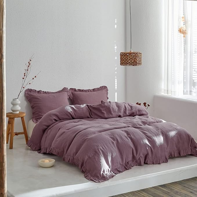 Simple&Opulence 100% Linen Duvet Cover Set, 3 PCS Natural French Flax Purple Ruffle Duvet Cover Queen Size, Breathable Comfy Linen Bedding Comforter Cover with 2 Pillowcases (Purple, 88" X 92")