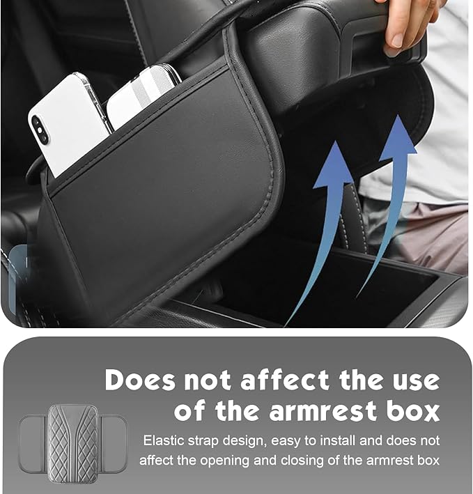 Arwrilt Car Center Console Cover, Leather Automotive Armrest Cushion with 2 Storage Bags, Breathable Armrest Cover, Universal Waterproof Arm Rest Protection Pad for SUV, Sedan, Truck (Gray)