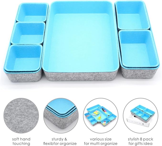 Welaxy Drawer organizers bins dividers storage trays shallow organizing box for office supplies makeup nightstand catchall key holder cozy room decor 8-piece (Baby blue)