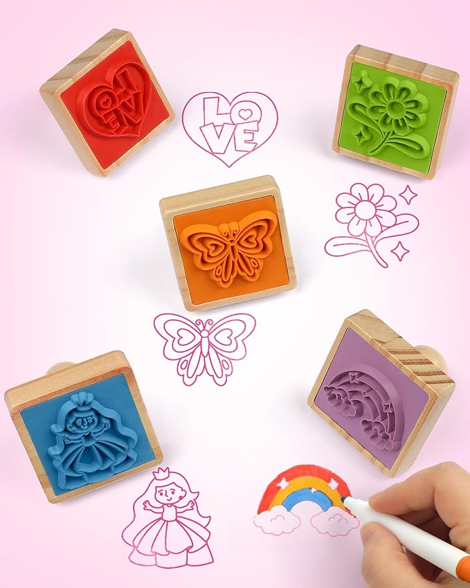 Coogam Wooden Stamp for Girls Friendship, 20pcs Color Shape Unicorn Butterfly Mermaid Stamp Set with Markers, DIY Arts Crafts Printing Stamping Party Favor Toy Gift for 3 4 5 Year Old Kids